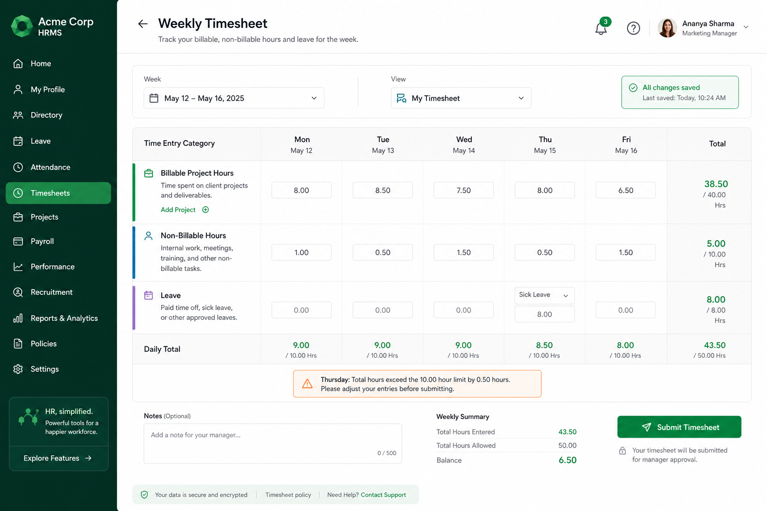 Tracopus weekly timesheet with billable and project rows